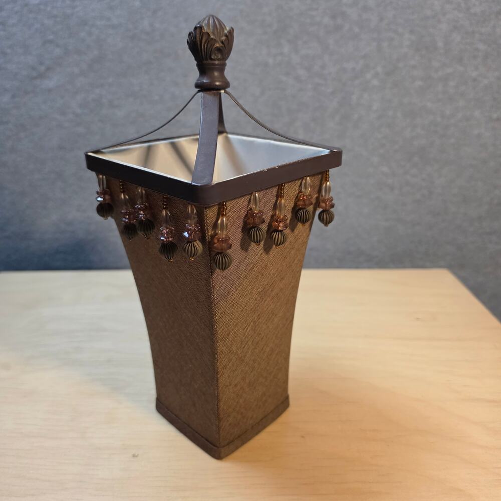 VTG Beaded Pagoda Lamp Shade Gold Tapestry 11" Cover Built In Finial Framework